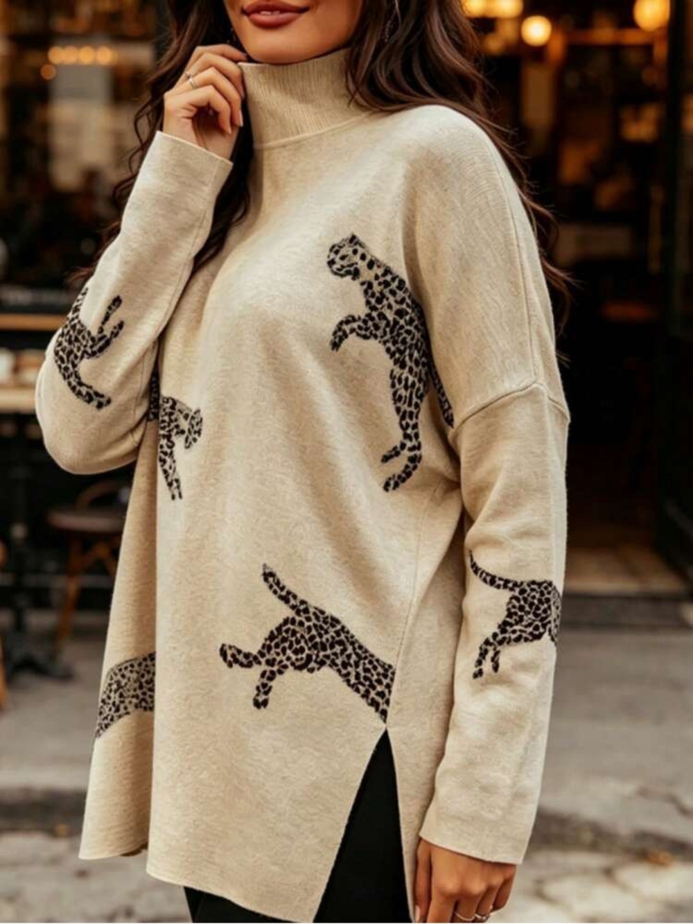 SHEIN Beige Leopard Print Turtleneck Sweater Size Small Animal Knit